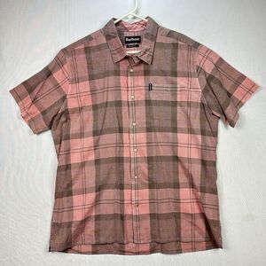 Barbour Pink Gray Plaid Button Up Shirt Mens Large Short‎ Sleeve Nova Check